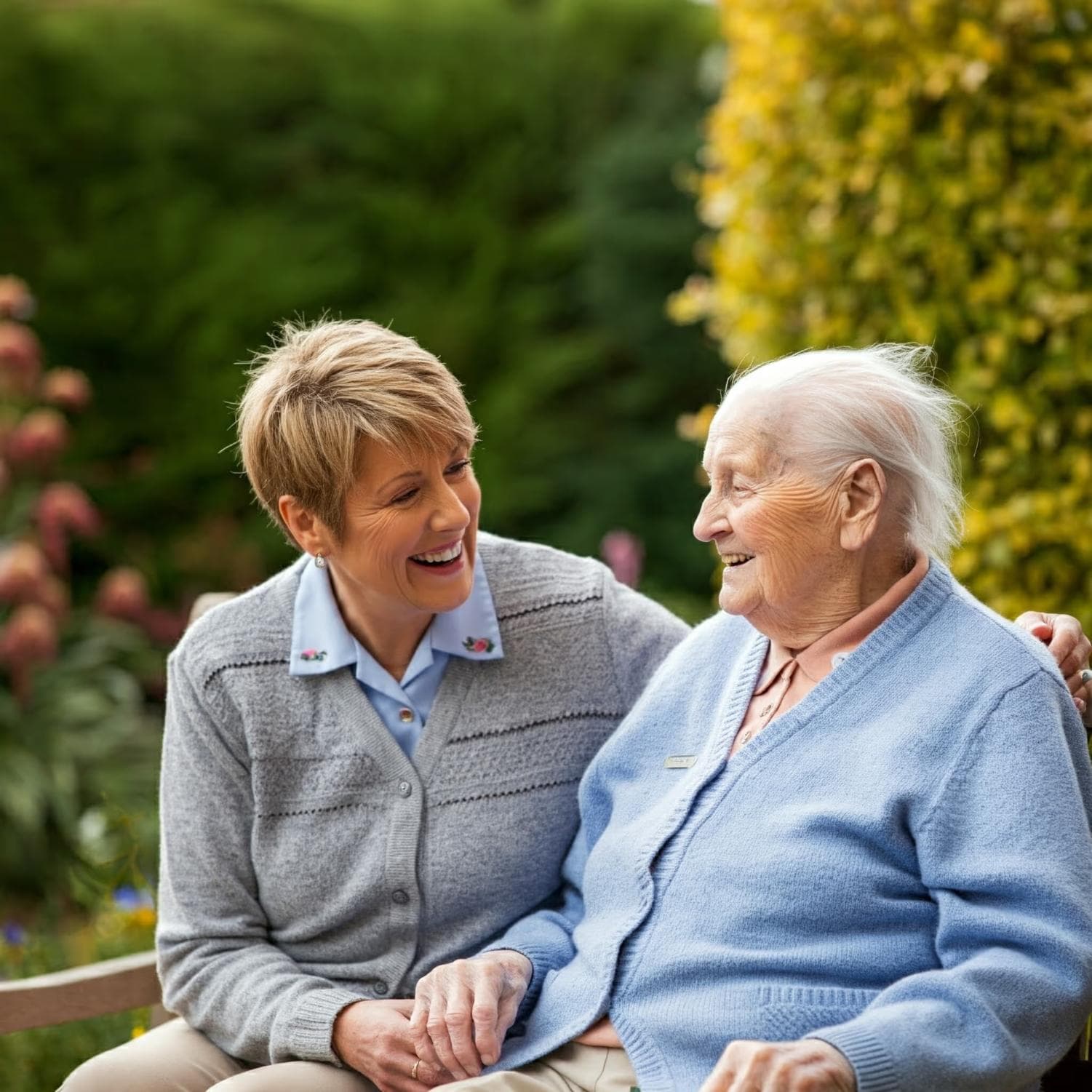 A resident and loved one relaxing in the garden