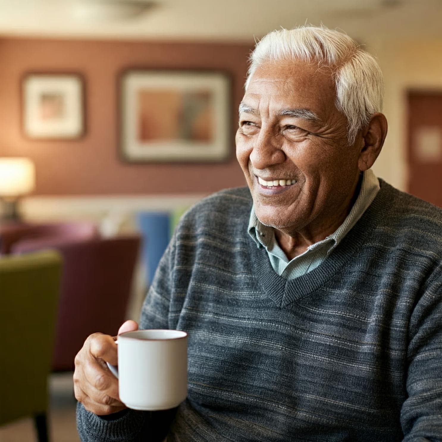 A resident enjoying a cup of coffee