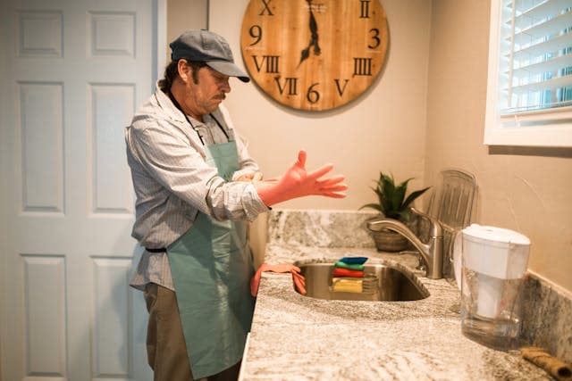 man putting on rubber gloves for washing up